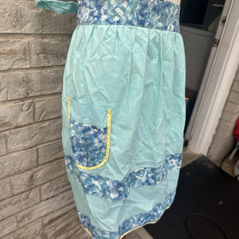 Lot Of 2 Vintage Half Apron Handmade Pockets Tie Back Farmhouse Floral Blue